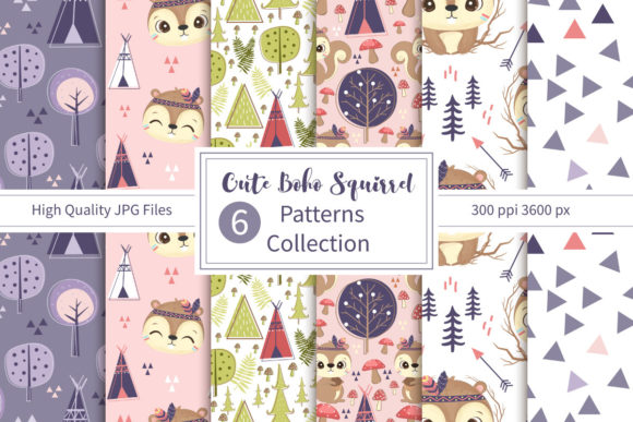Cute Boho Squirrel Patterns Set